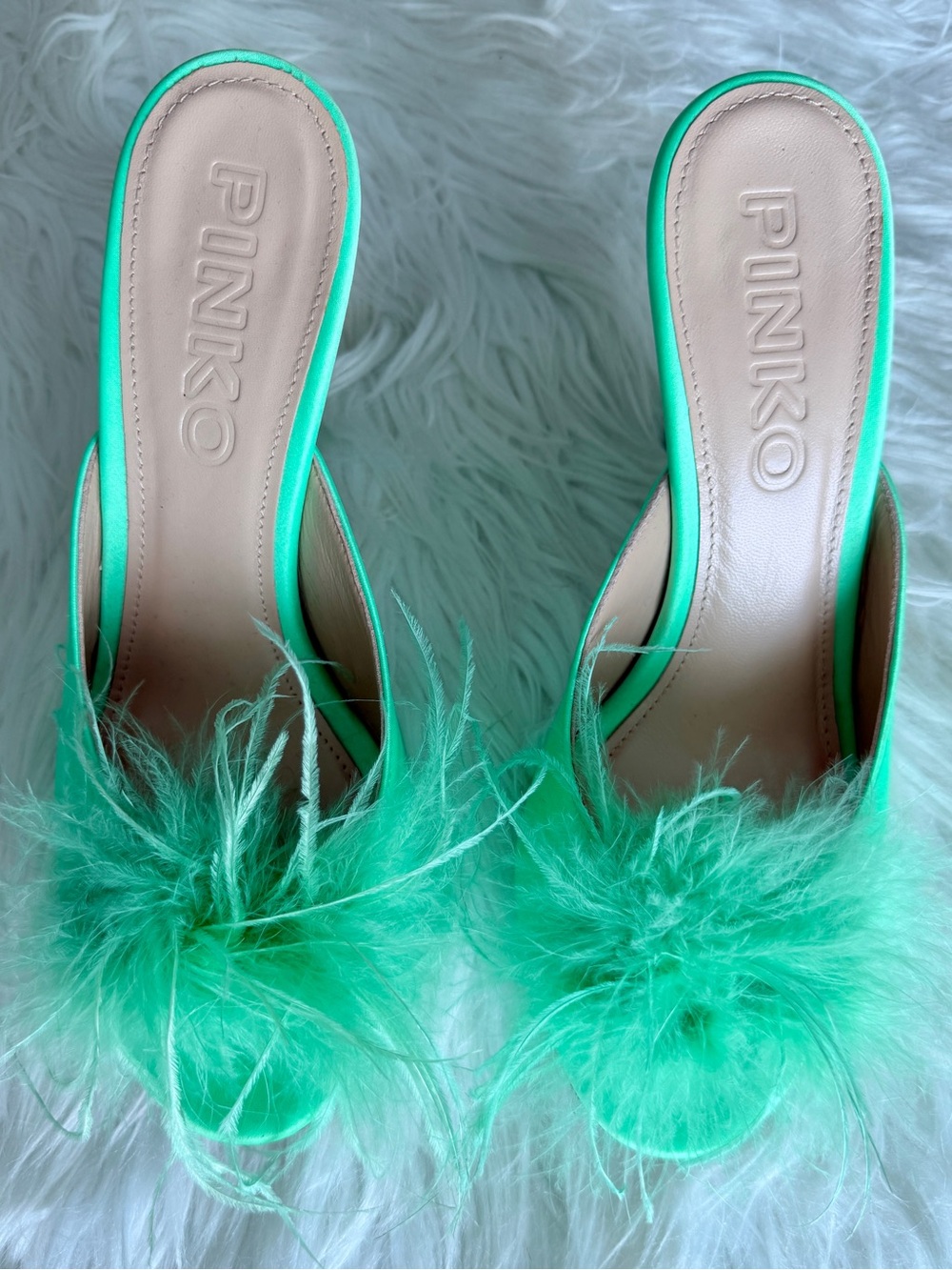 Pinko Mint Green Satin Feather Mules – EU 38